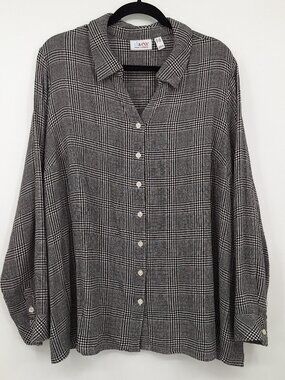 Denim & Co. Roll Sleeve Button Front Check Woven Shirt In Black Size 2X